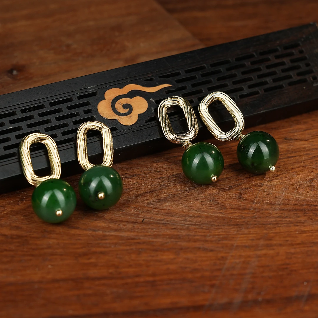 R*和田玉碧玉圆珠耳钉@YLG01010432@多样性发其一