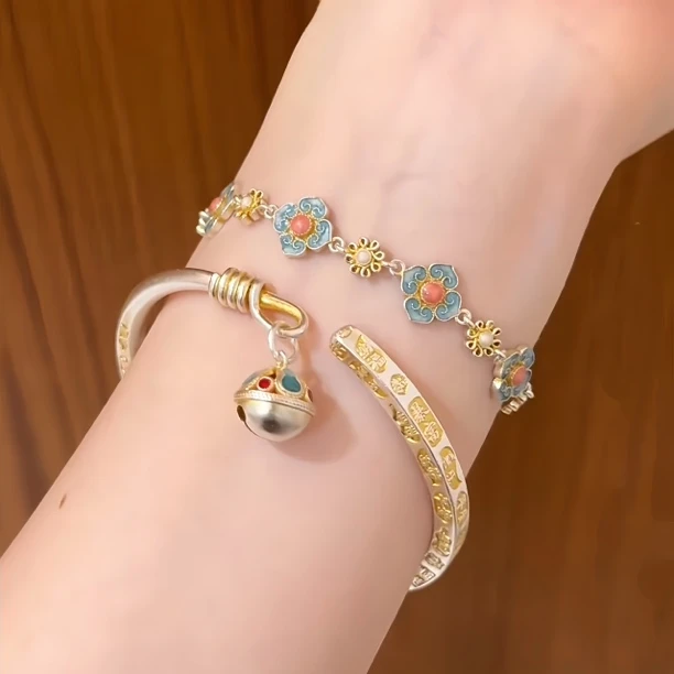 足银手镯 古法描金银手镯女足银999.9珐琅宫铃四方吉言银镯子开口