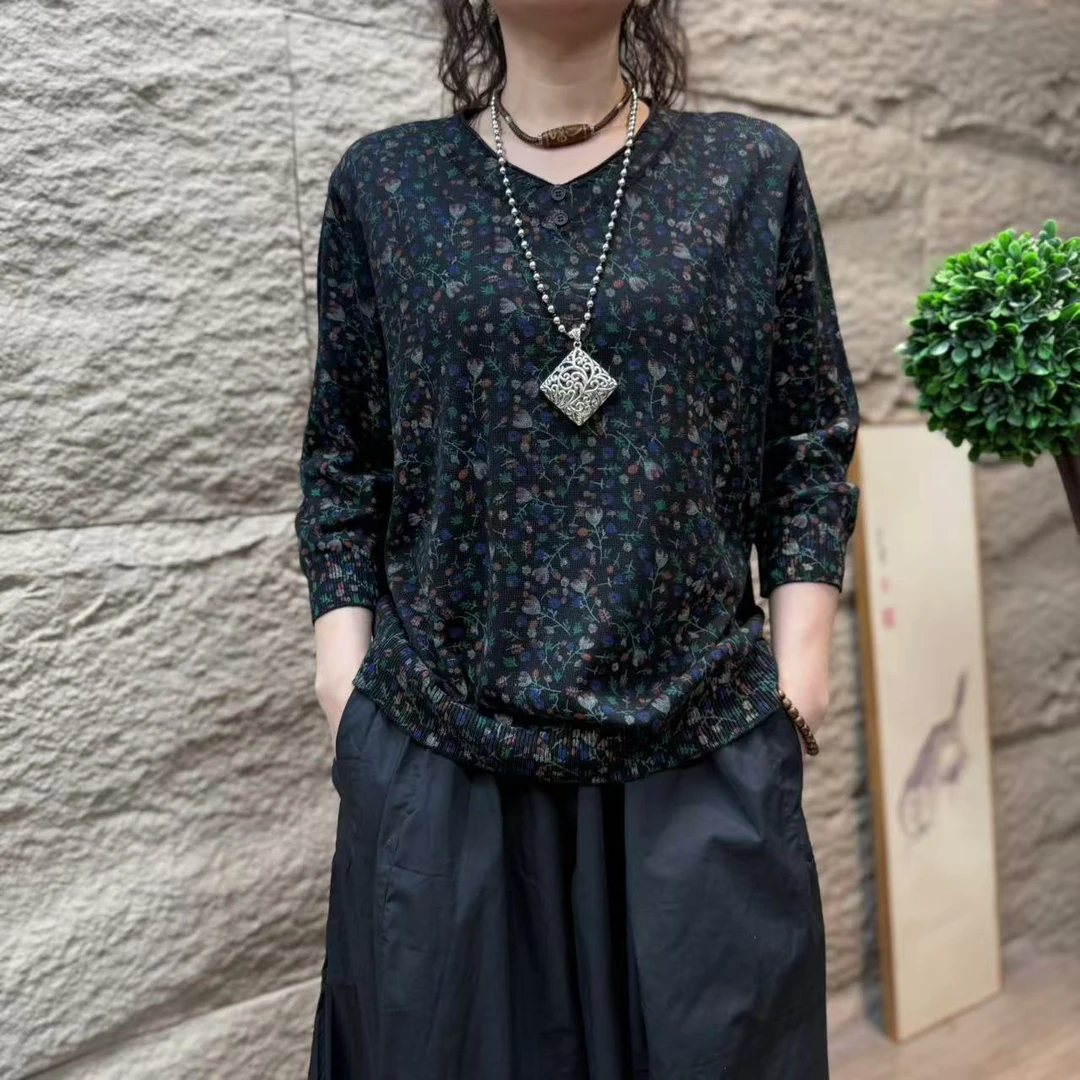 10249新款春秋休闲减龄简约碎花遮针织百搭T恤