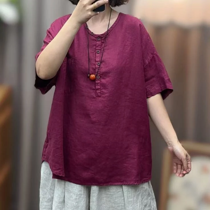 【亚麻】2428夏季新款V领显瘦衬衫凉爽百搭宽松上衣女