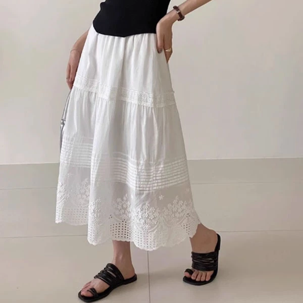 法式高级设计感白色蕾丝高腰半身裙女夏季薄款垂感中长款a字伞裙
