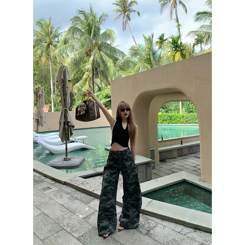 美式复古辣妹性感露肩吊带内搭上衣女2025新款迷彩休闲裤两件套装