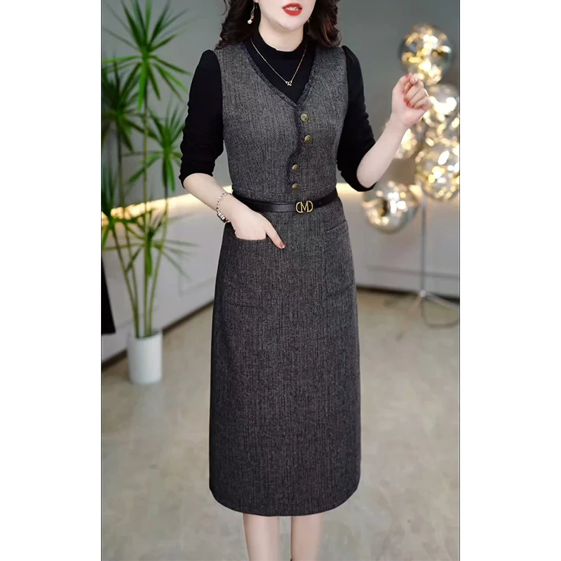 哥弟阿玛施正品气质长袖假两件连衣裙女2025年春秋新款高档妈妈配