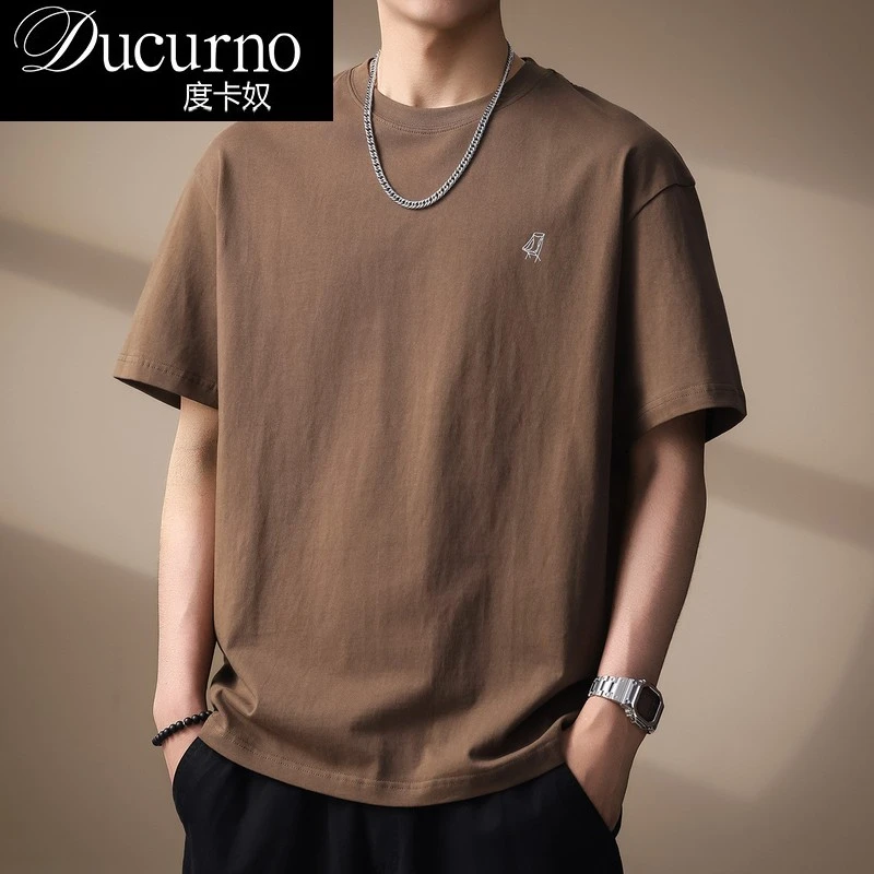 高端300g重磅高密刺绣圆领短袖T恤男夏季复古潮牌半袖宽松休闲T恤