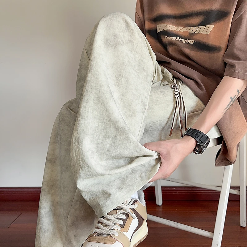 高级感冰丝裤子男美式复古扎染脏脏直筒裤夏季薄款潮流大码休闲裤