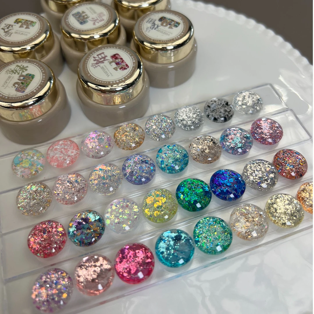 韩国大亮片 爆闪亮片胶36色罐装 2025爆闪糖果色大亮片胶春夏必备