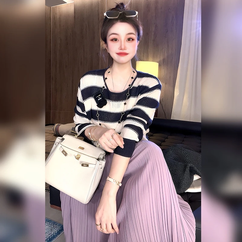 【linda姐高端线】新款时尚气质内搭叠穿条纹长袖针织衫AA5ZDD0003