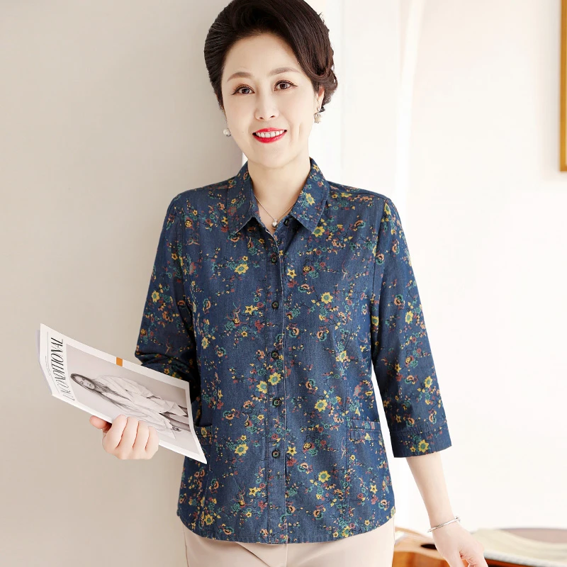 妈妈春夏七分袖纯棉衬衫中老年人夏装女全棉衬衣宽松大码奶奶衣服
