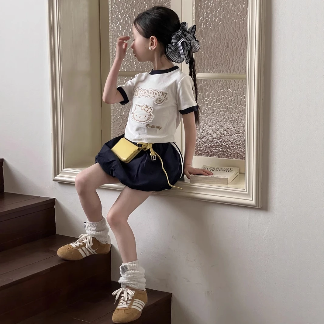 女童夏季韩版kitty猫咪短款T恤套装25女宝花苞休闲抽绳半裙两件套