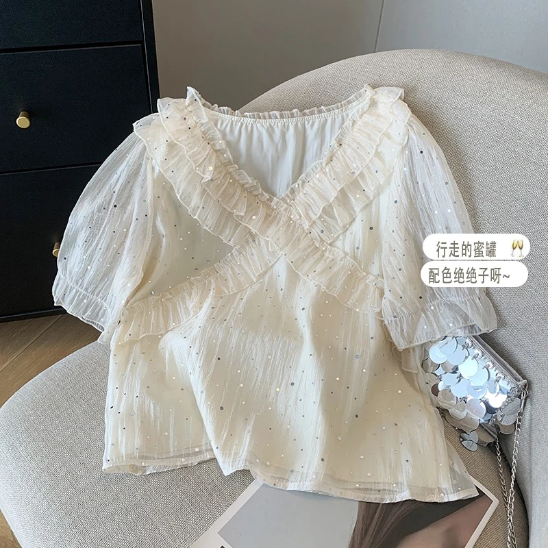 亮片交叉荷叶边V领短袖衬衫女夏季新款洋气减龄别致甜美小衫上衣