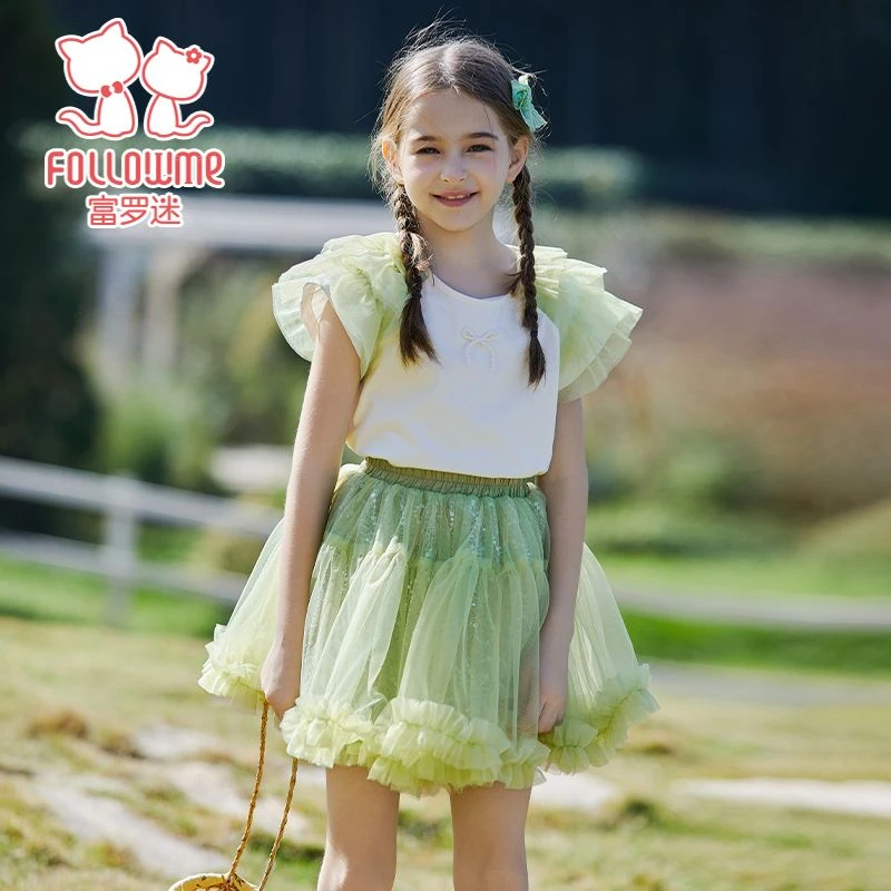 ①富罗迷套装夏季中大童短袖T恤网纱亮片蓬蓬裙两件套F4B9762T