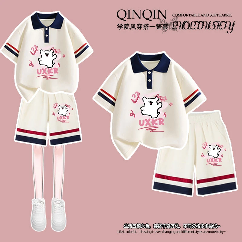 女童夏季新款Polo衫短袖t恤短裤套装洋气卡通线条小狗印花中大童