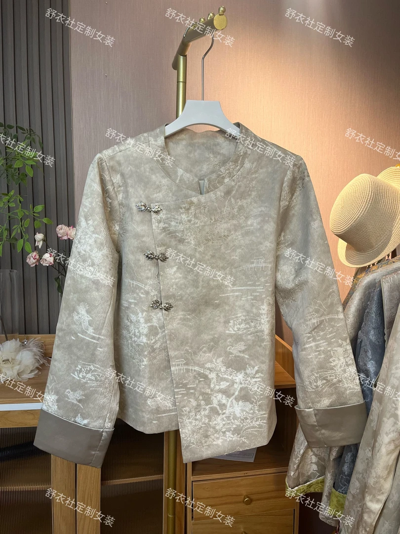 2025立领提花女休闲百搭外套新中式复古叶子盘扣设计感不规则上衣