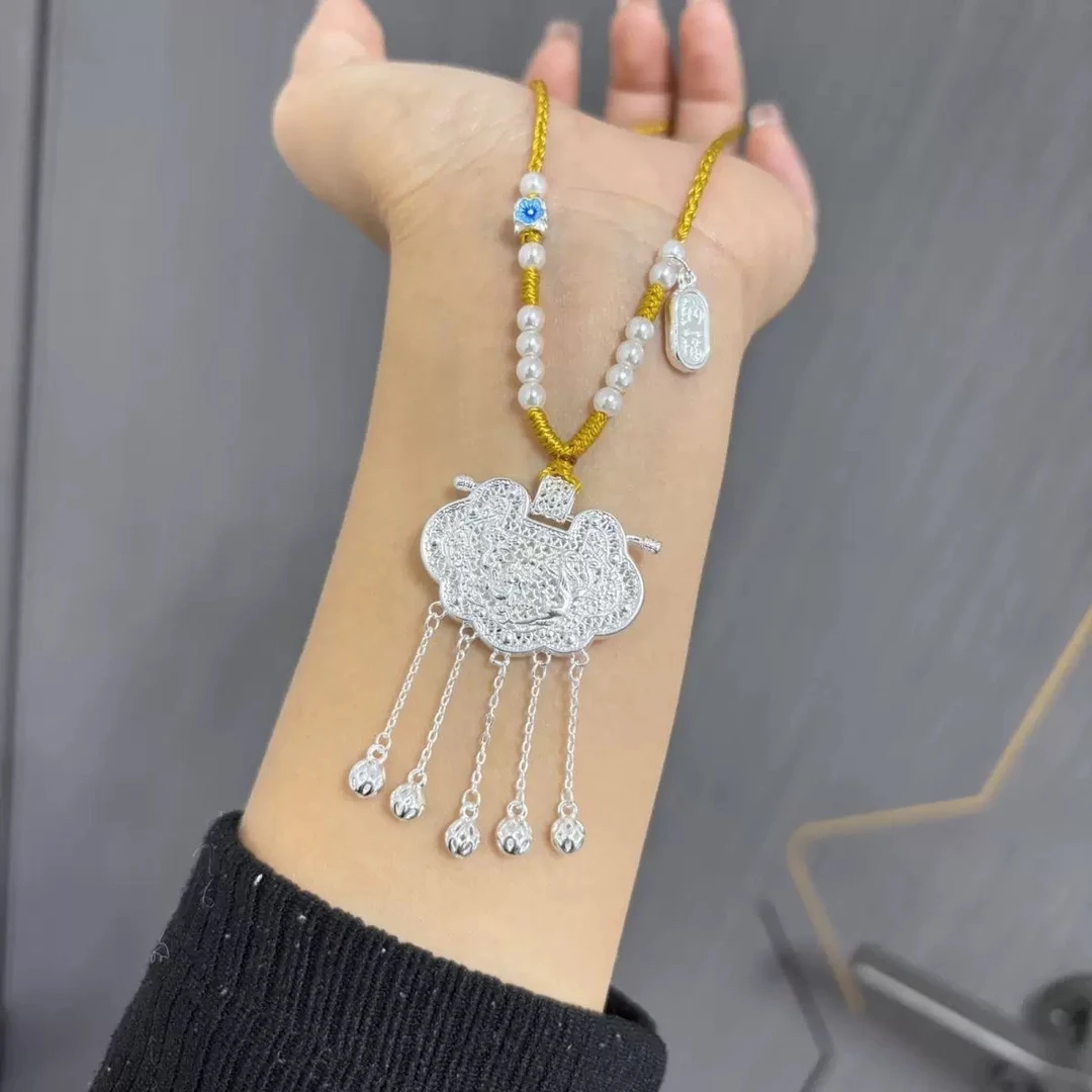 坠链均足银 999古法天子门生锁包镂空花丝吊坠纯银龙凤锁送女友