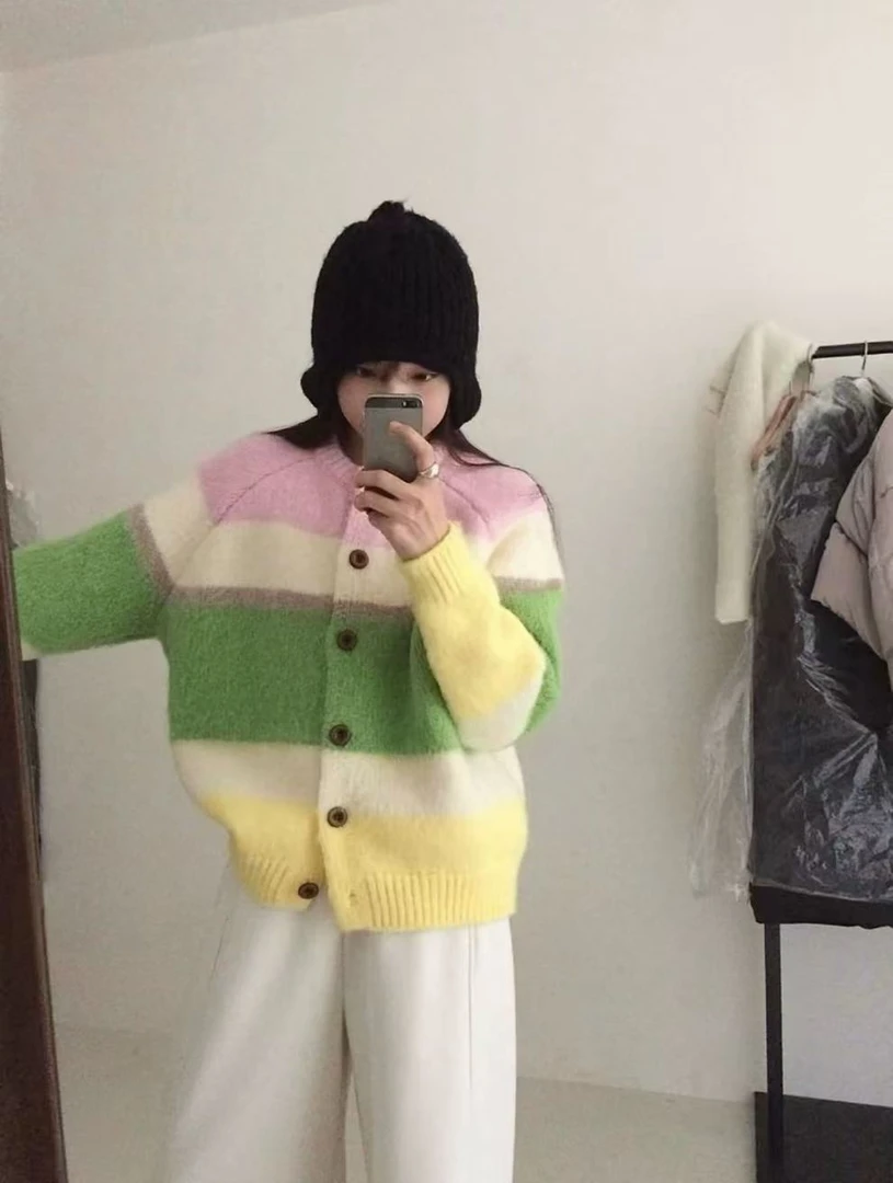 K2052「温柠围炉」多巴胺色系纽扣针织开衫女