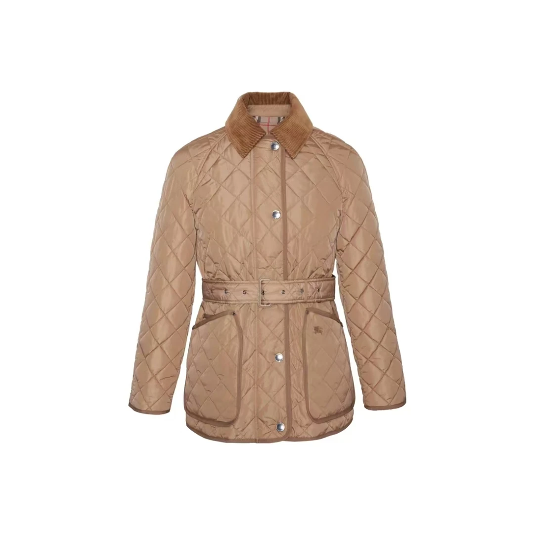 Burberry博柏利 FW23 收腰棉服 纯色中长款夹克外套 女款棕色黑色