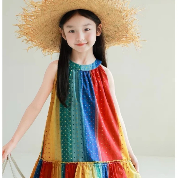 洋气时尚韩版女童夏装薄款无袖吊带裙2025新款夏季彩虹裙女童连衣