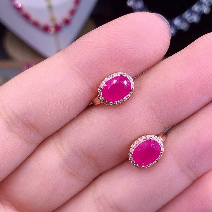 红宝石耳饰银S925镶嵌