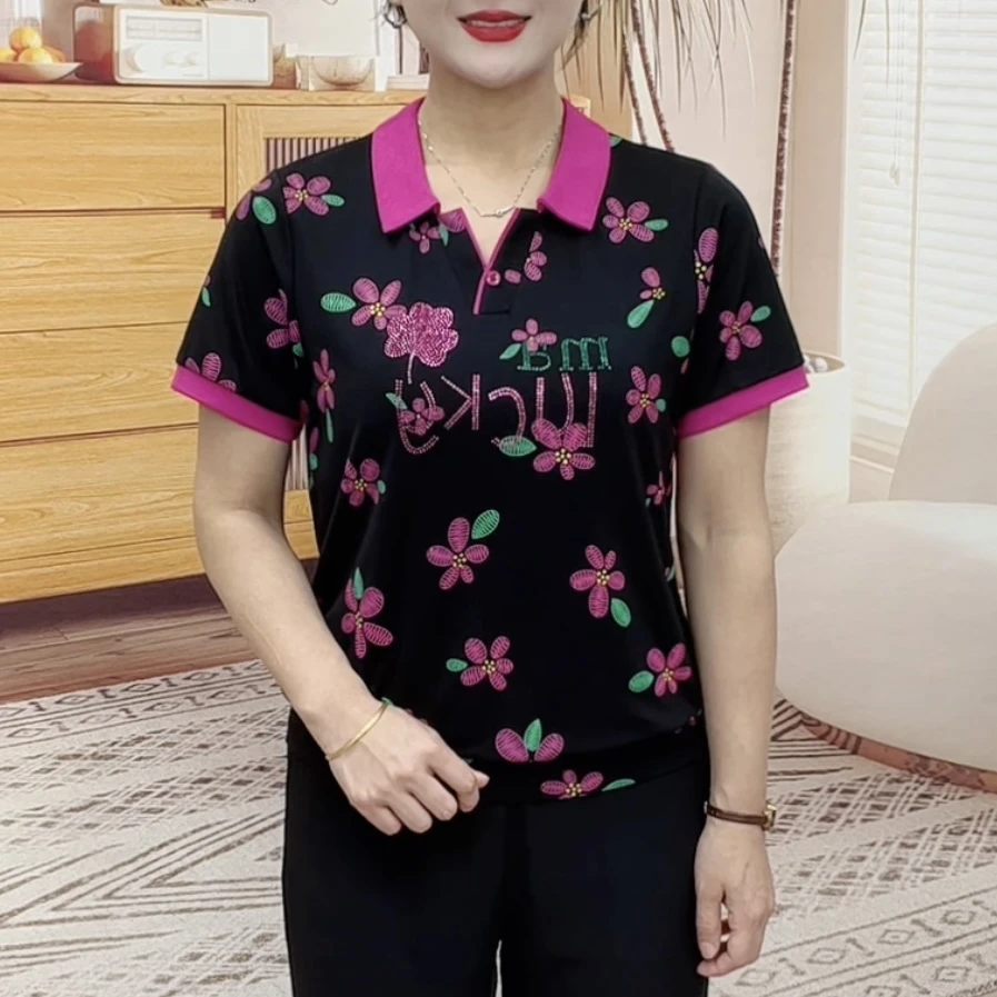 母亲节夏季新款翻领撞色印花欧若休闲风短袖中老年百搭宽松上衣