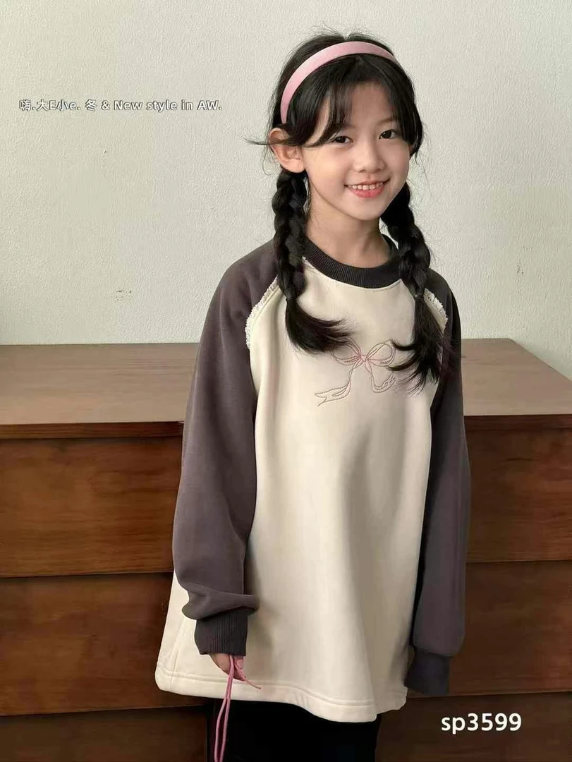 儿童冬款女童加绒加厚圆领拼色卫衣 3599女孩休闲洋气保暖T恤打底