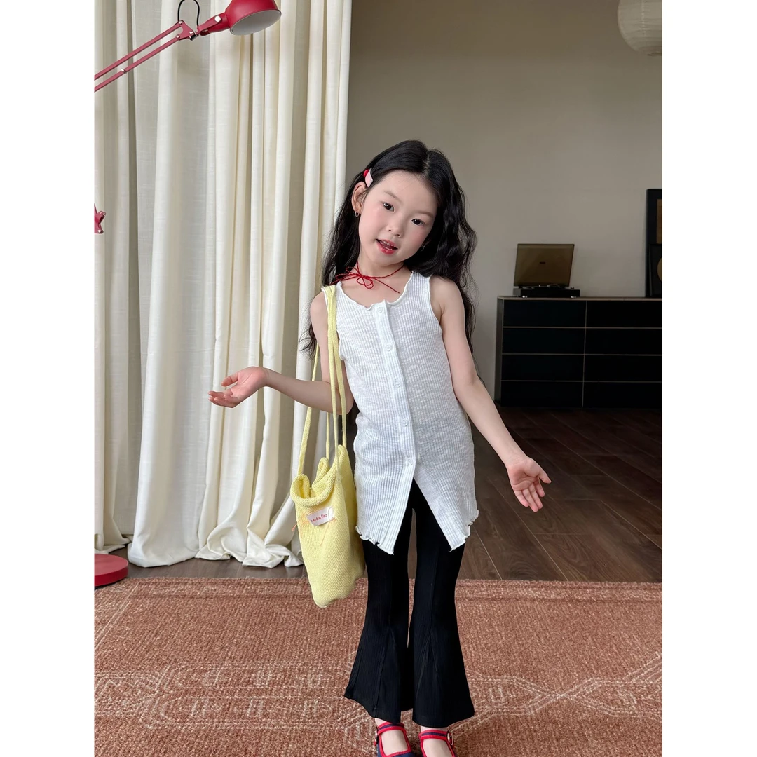 小粉象 ·夏季新款韩版女童洋气中长款背心百搭喇叭裤套装