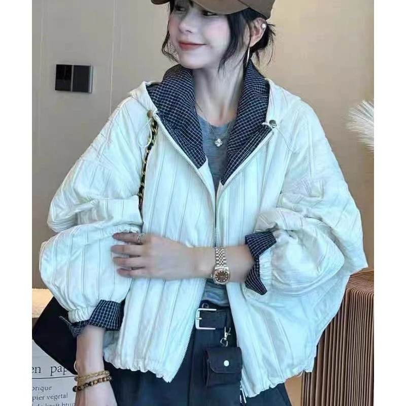 2025连帽格子拼接绗线棉服外套早冬季新款时尚百搭休闲女