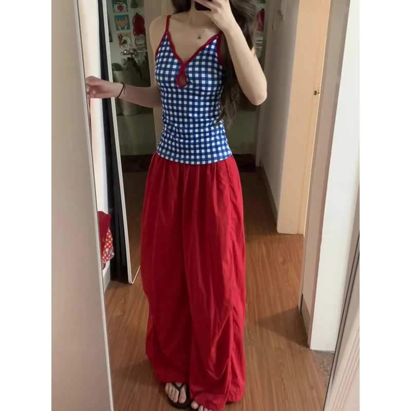 性感辣妹露背V领格子吊带女2025季设计感上衣红色阔腿裤长裤套装