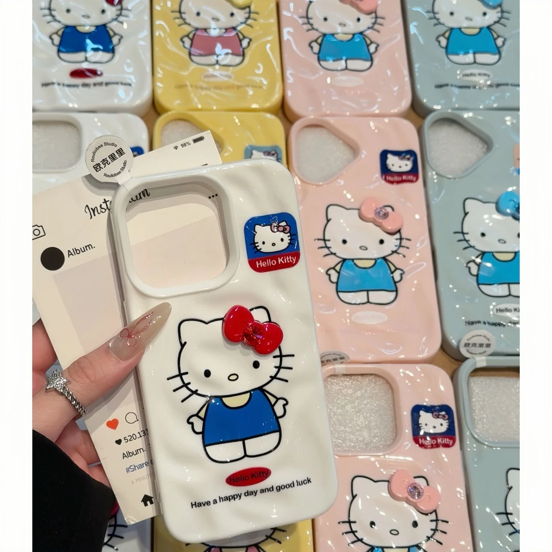 夕与空Kitty镶钻蝴蝶结苹果16Promax褶皱手机壳15/14陨石纹13/12