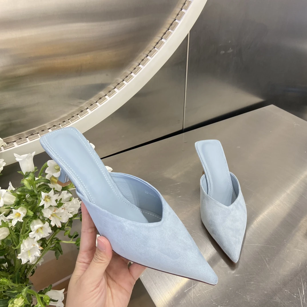2025新款时尚细高跟女鞋外穿浅口鞋细跟中跟包头半拖尖头拖穆勒鞋