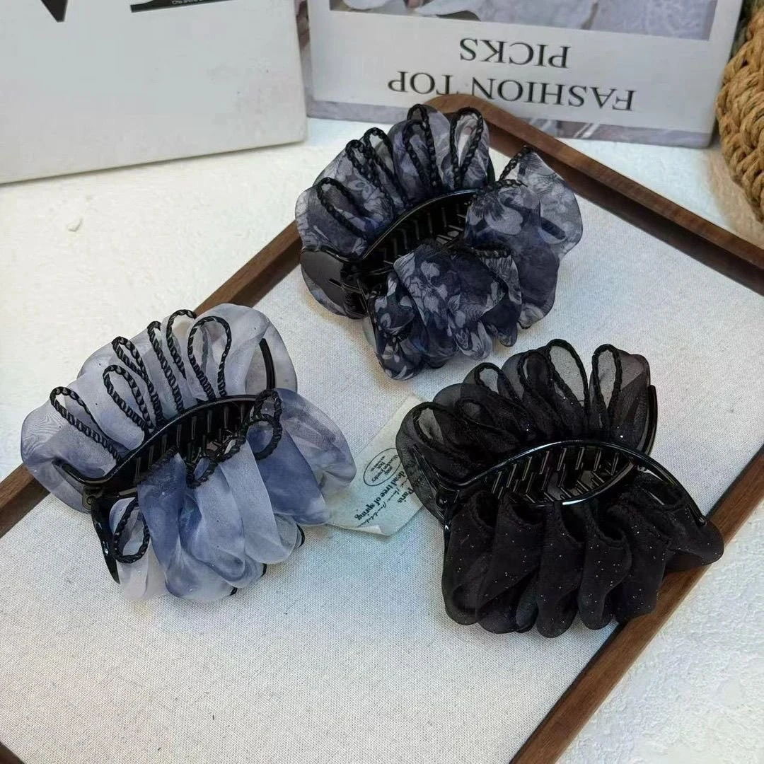 高定黑纱星芒缀饰奢华优雅气质抓夹式高级感黑色轻奢丸子头发夹