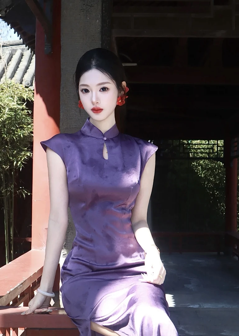 紫色旗袍女2025春夏新款性感时尚气质显瘦网红修身中长款连衣裙秋