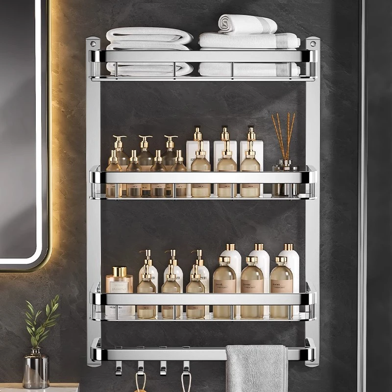 卫生间置物架一体免打孔卫浴室厕所洗澡间毛巾架不锈钢壁挂收纳架