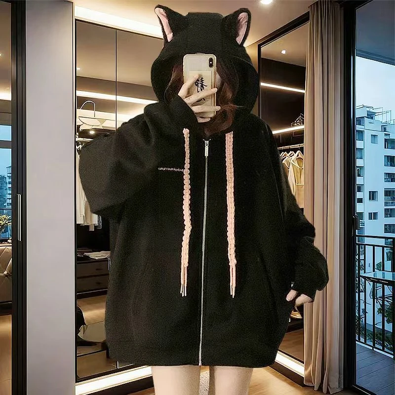 猫耳朵连帽开衫卫衣加绒减龄宽松特大码300斤情侣秋冬百搭ins外套