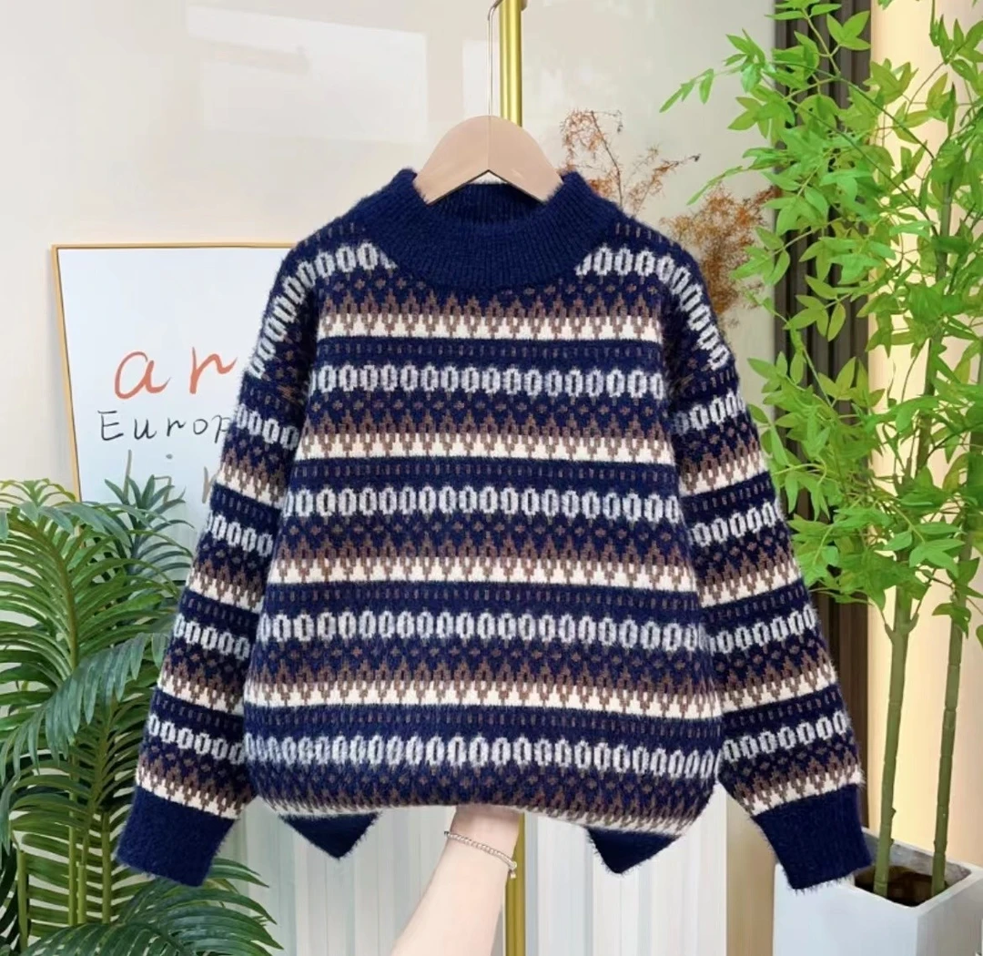 2024新款中大童男童仿水貂绒秋冬加厚百搭时尚洋气圆领针织套头