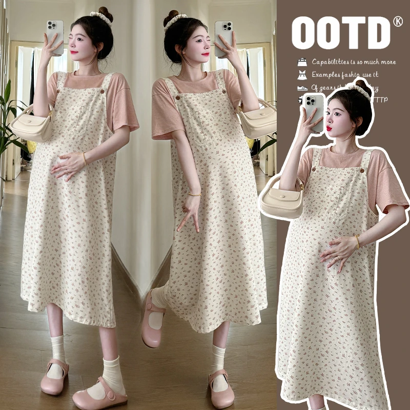 孕妇装2025夏季新款韩系碎花甜美背带裙+休闲打底衫孕期显瘦穿搭