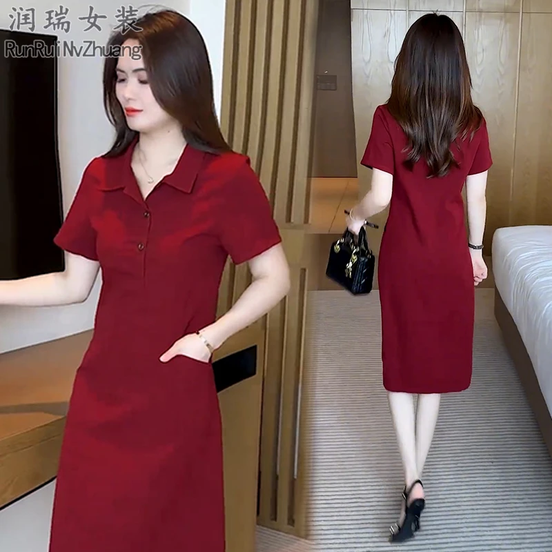 夏季翻领短袖连衣裙2025新款韩版小个子宽松休闲纯色大码妈妈长裙