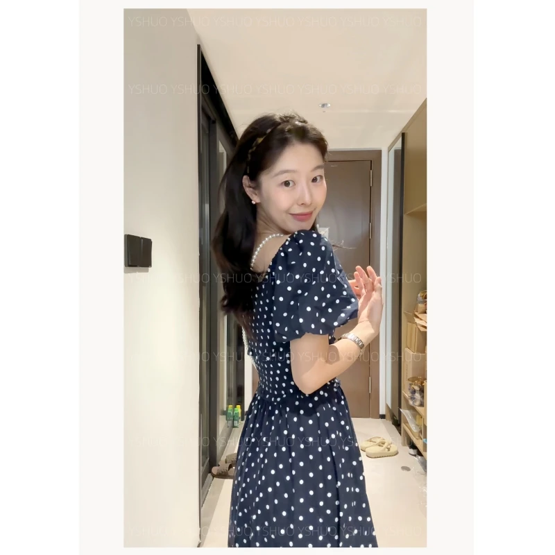 【茶歇波点裙】设计感修身弹力小众藏有里衬长裙 8575