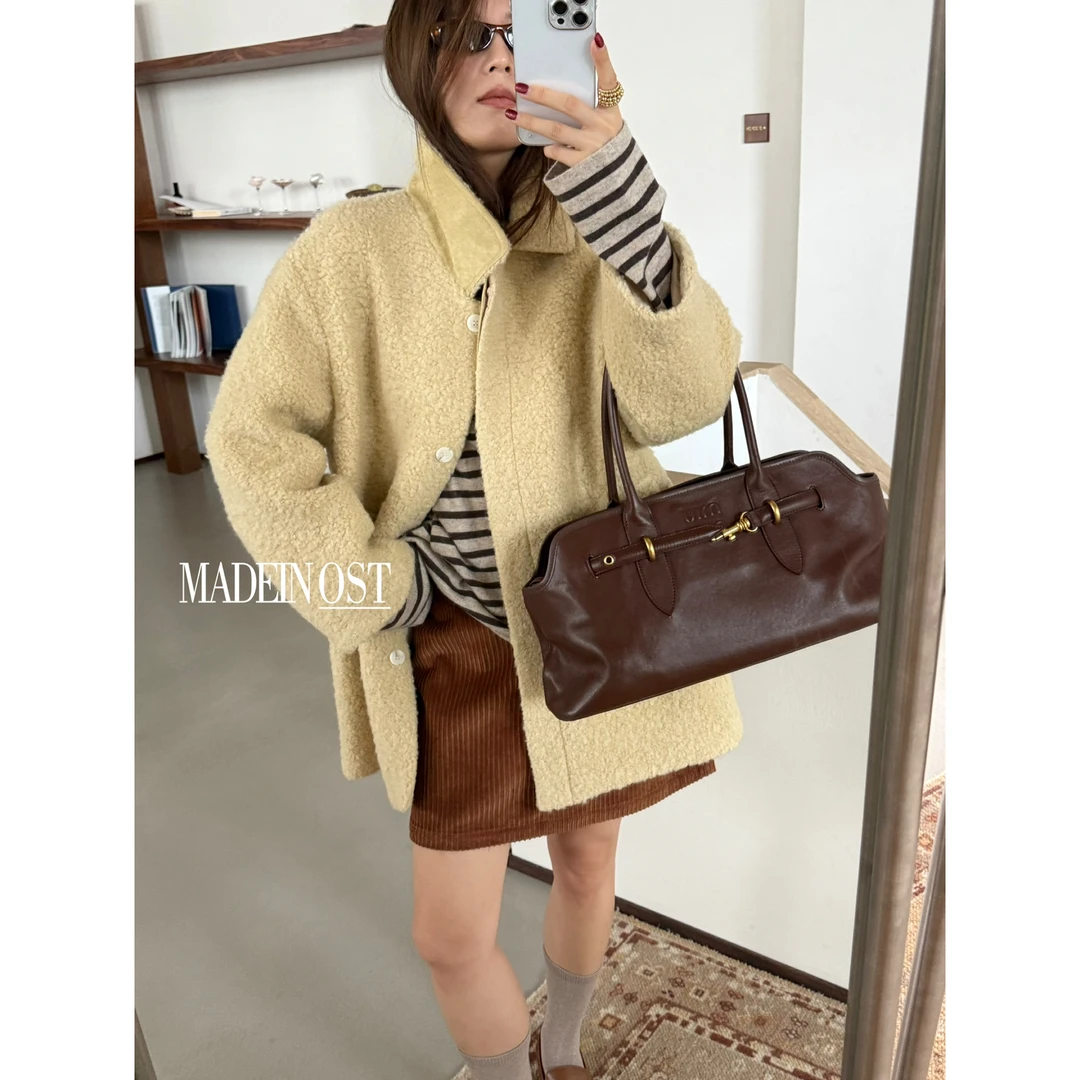 MADEIN OST-两穿圈圈羊毛鹿皮绒拼接中长羊毛外套(含70羊毛)57313