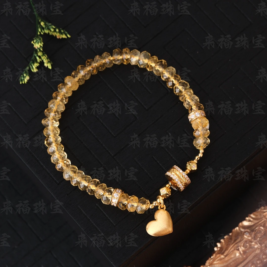 【来福原创】18k金豪镶爆闪麦穗爱心天然黄水晶6mm直切手串