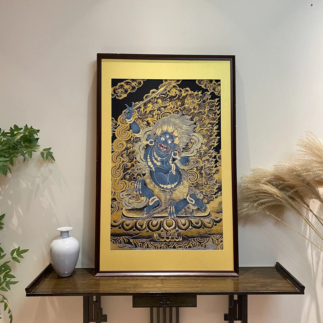刺绣【不动明王】挂画实木装裱办公室玄关茶室书房背景墙装饰画