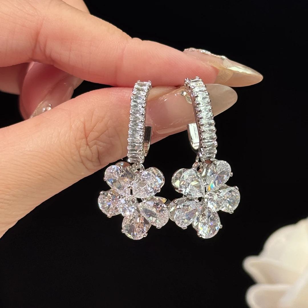 铜合金锆石耳饰 妙芙】超闪锆石花朵长款耳坠轻奢时尚耳环白搭耳钉