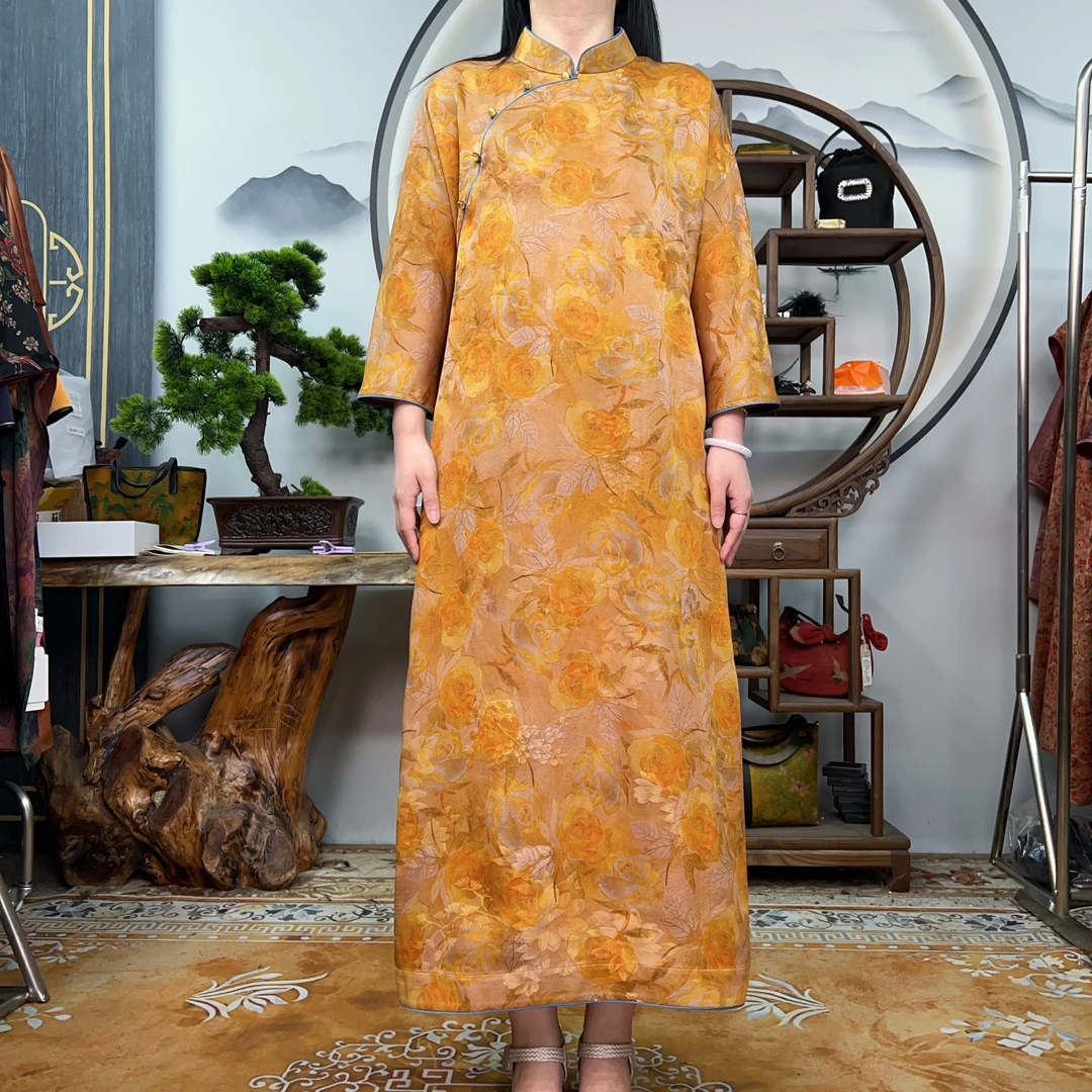 枫犀『橙色牡丹』桑蚕丝连衣裙女香云纱长款裙子国风富贵亏太太旗袍