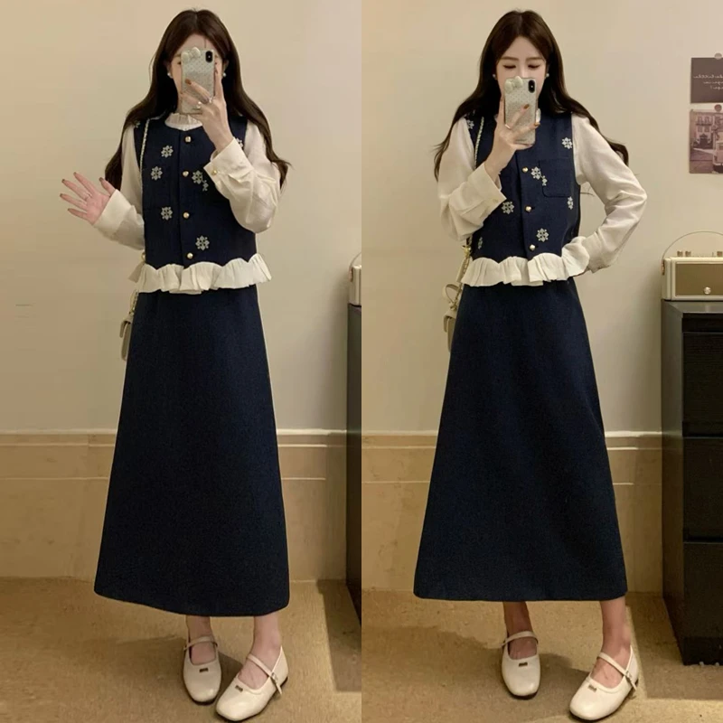 大码胖mm老钱风藏青色百搭出游小香风马甲上衣+打底+半身裙套装女