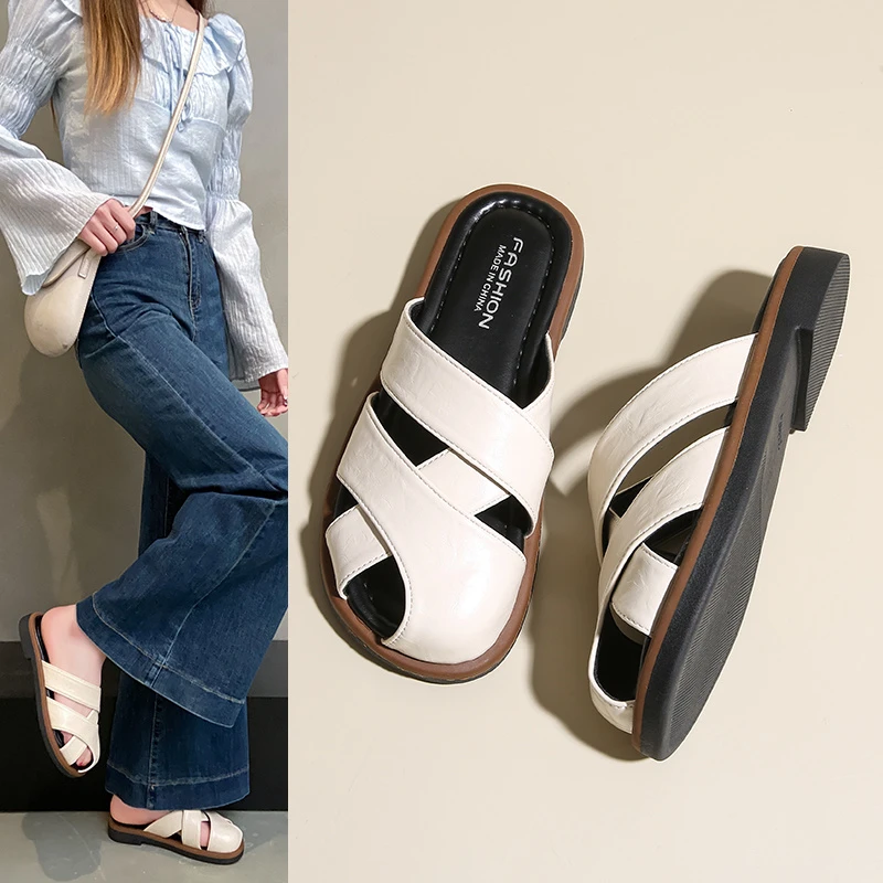 女鞋镂空夏季半拖凉鞋时装凉鞋露趾平底凉拖鞋时尚百搭休闲外穿