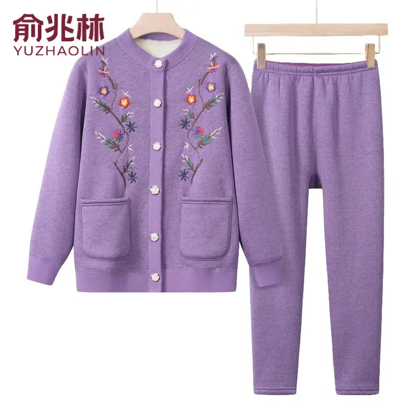 俞兆林高品质秋冬季加绒加厚保暖内衣套装外穿中老年人妈妈保暖衣
