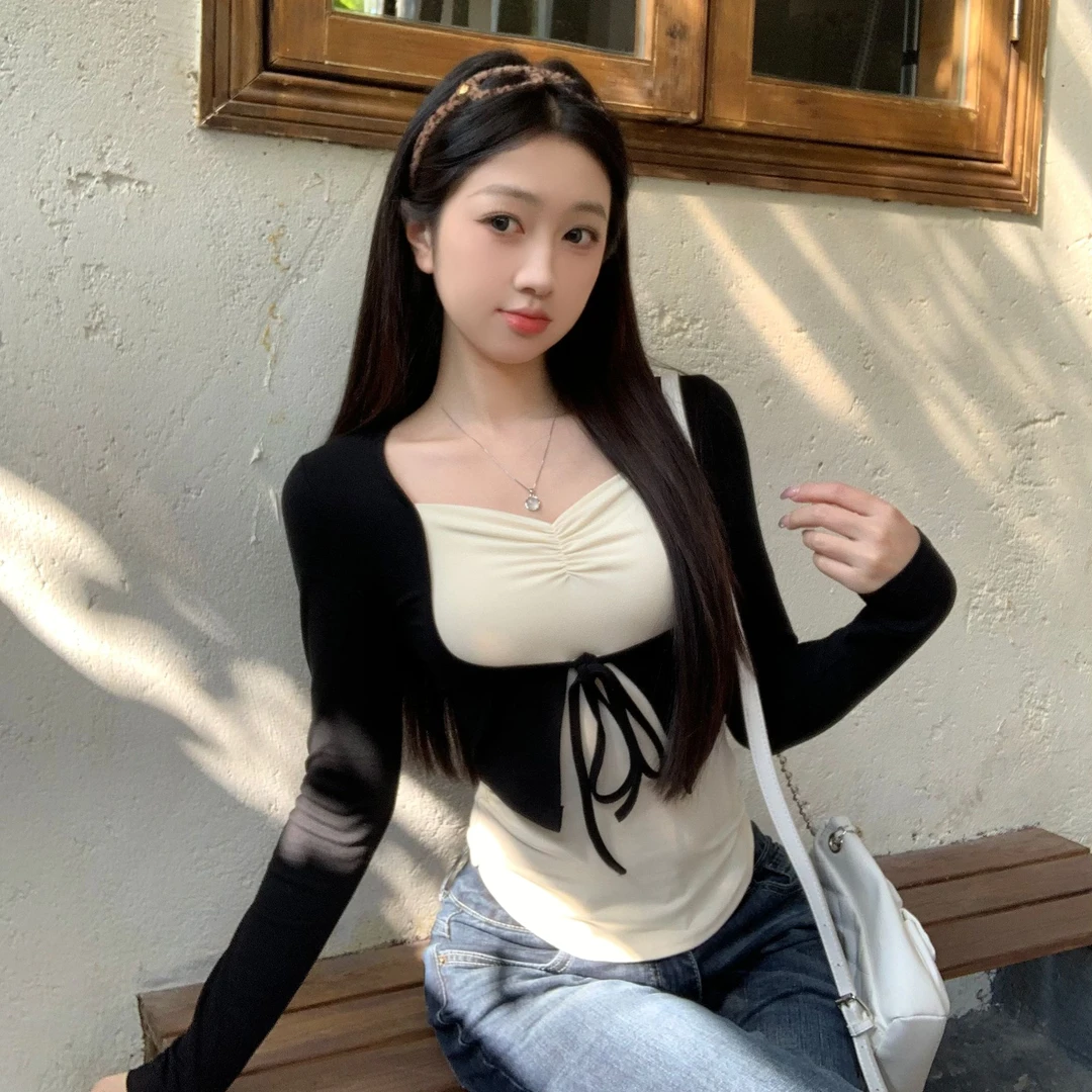 云朵肤感假两件纯欲撞色设计感芭蕾舞T显瘦气质温柔长袖T恤