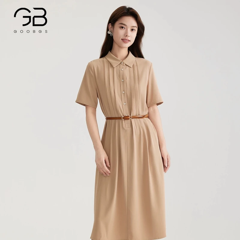 【谷邦L+】谷邦GOOBGS 纯色压褶翻领短袖连衣裙 G3242284