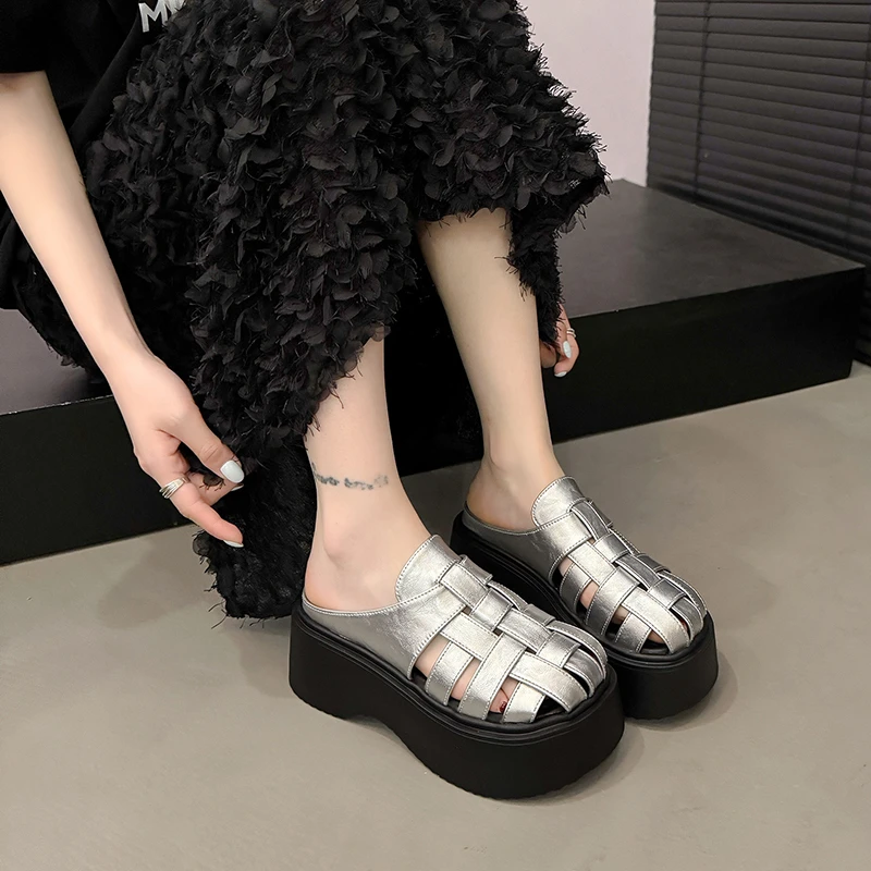 7CM包头半拖鞋女夏外穿2025新款编织镂空厚底一脚蹬半拖鞋厚底