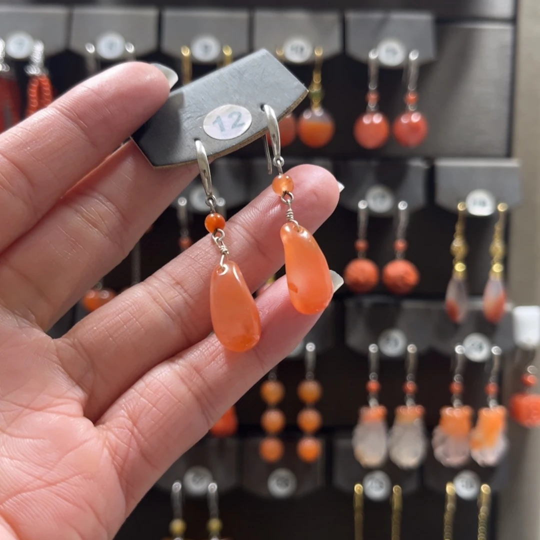 今***世南红玛瑙银S925镶嵌耳饰