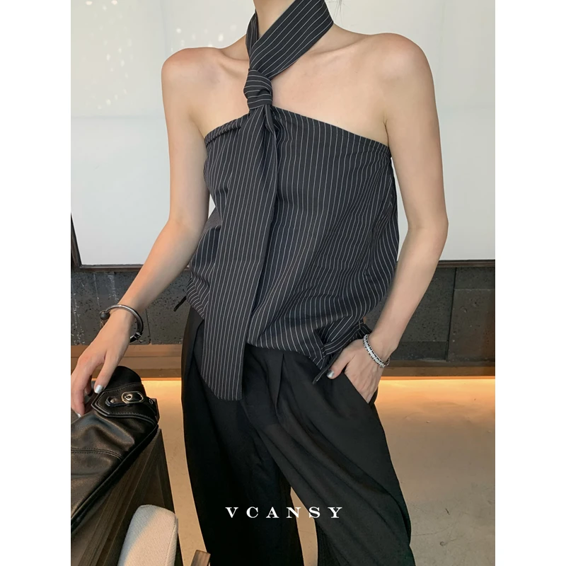 Vcansy 新野 欧美气质条款挂脖款吊带小众百搭通勤无袖上衣